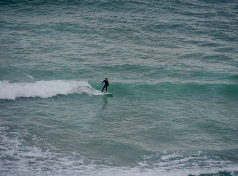 surfer girl going left birds perspective with surf guide algarve