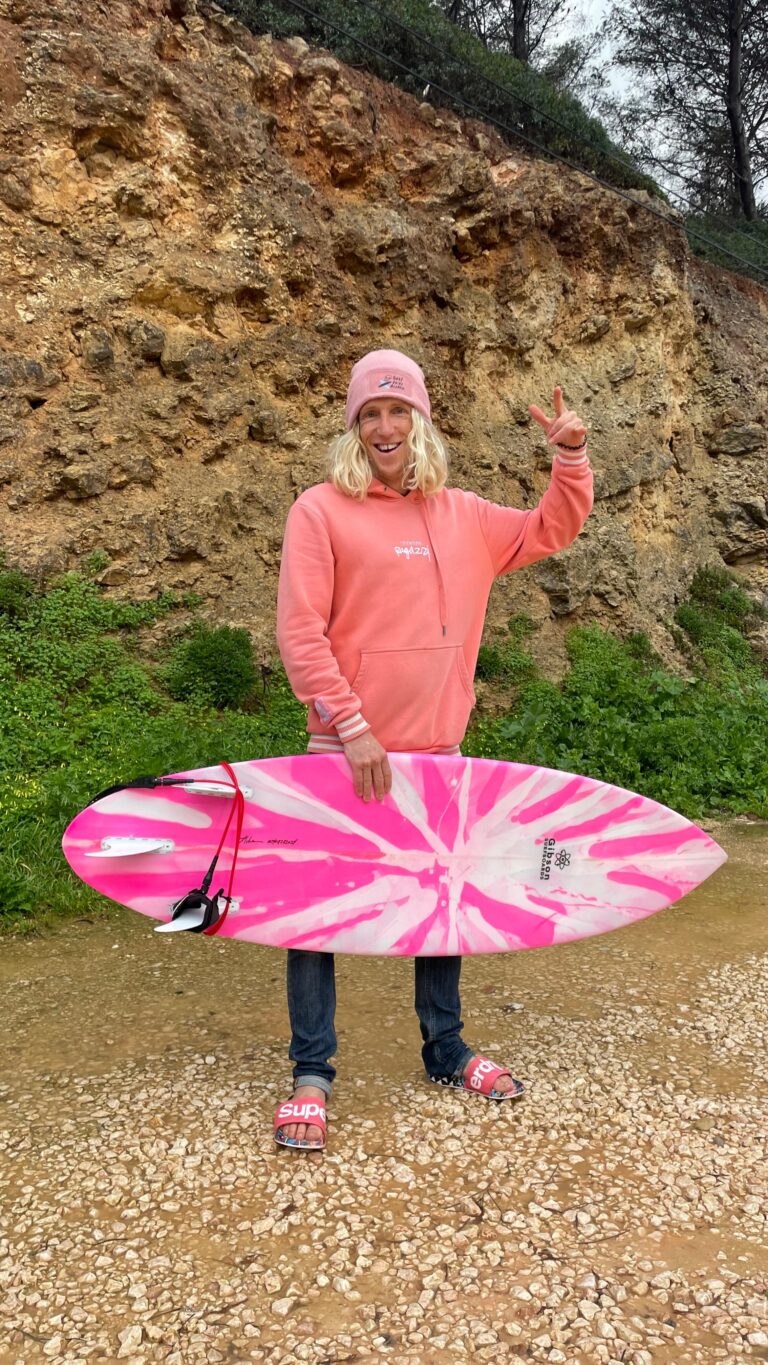 pink on pink with surf guide algarve and gibson surfboards